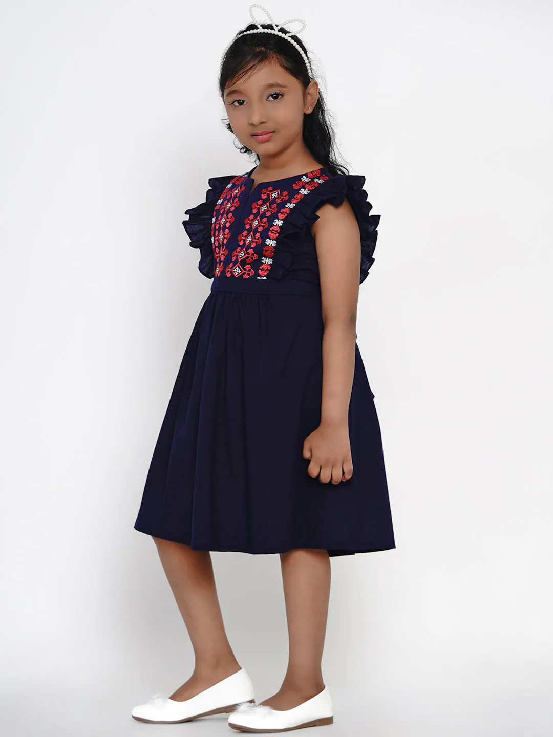 Girl's Navy Blue Embroidered Fit And Flare Dress - Bitiya By Bhama