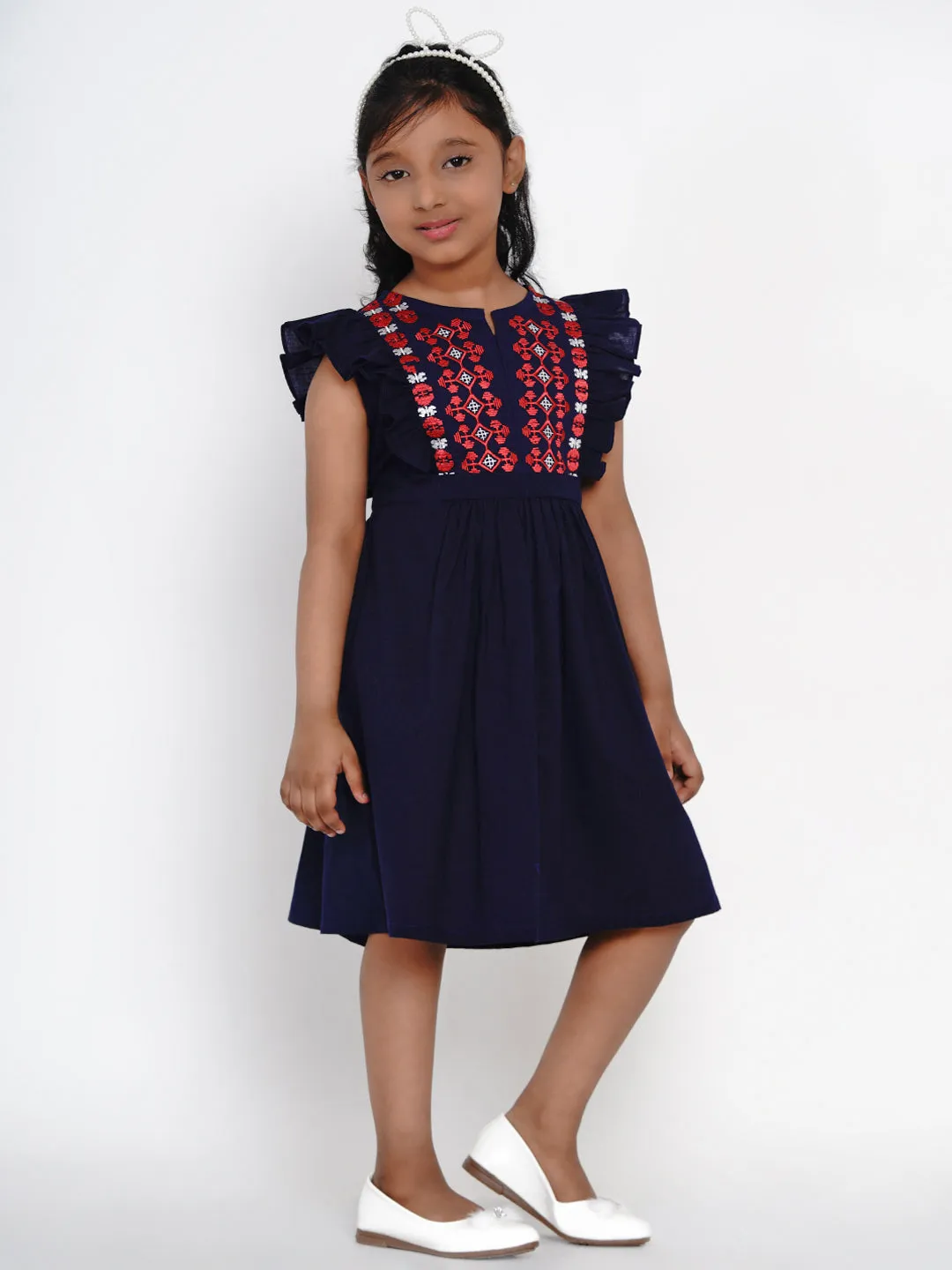 Girl's Navy Blue Embroidered Fit And Flare Dress - Bitiya By Bhama