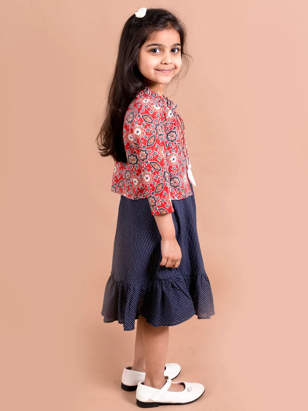 Girls Navy Blue Ethnic Motifs Cotton Dress - Ps Peaches