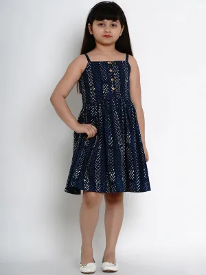 Girl's Navy Blue Printed Fit And Flare Dress - Bitiya By Bhama