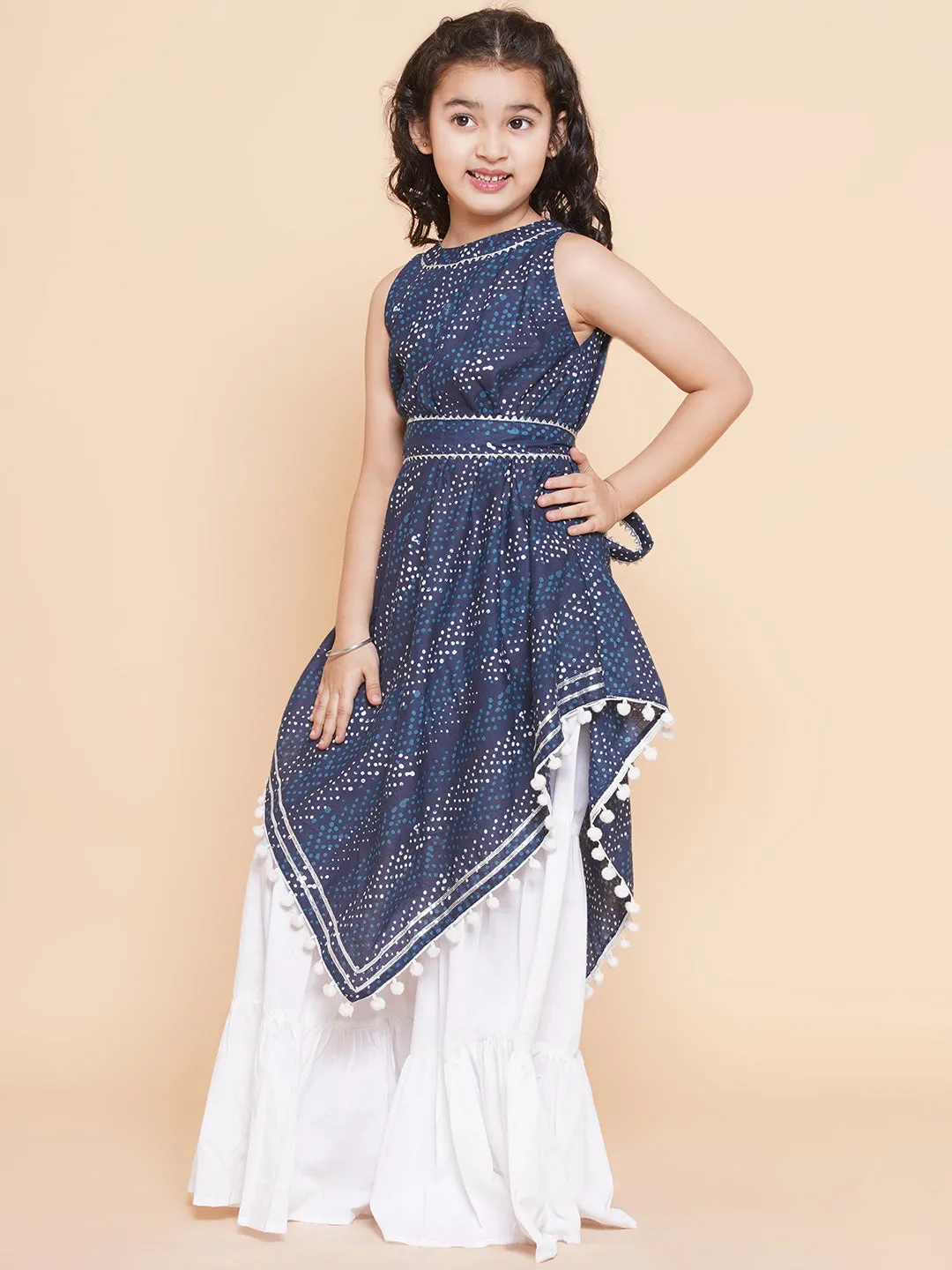 Girl's  Navy Blue Printed With Lace Handkerchief Style Kurta With Sharara - Bitiya By Bhama