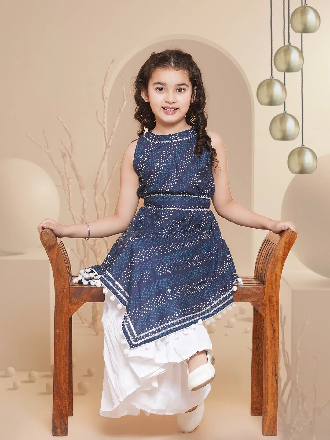 Girl's  Navy Blue Printed With Lace Handkerchief Style Kurta With Sharara - Bitiya By Bhama