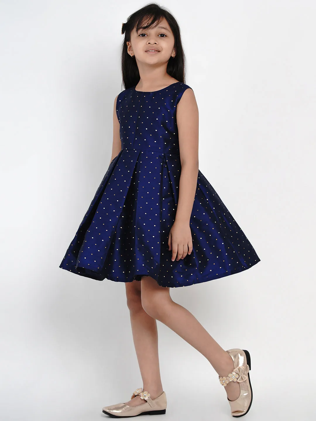 Girl's Navy Blue Woven Design A-Line Fit And Flare Dress - Bitiya By Bhama