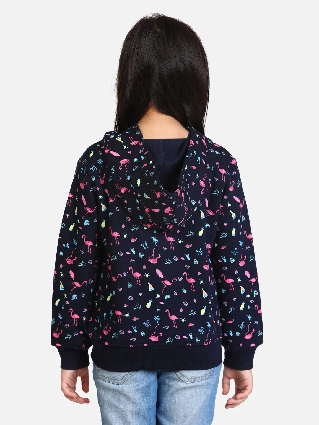 Girl's  Navy Flamingo Printed Jacket With Hoodie - StyleStone Kid