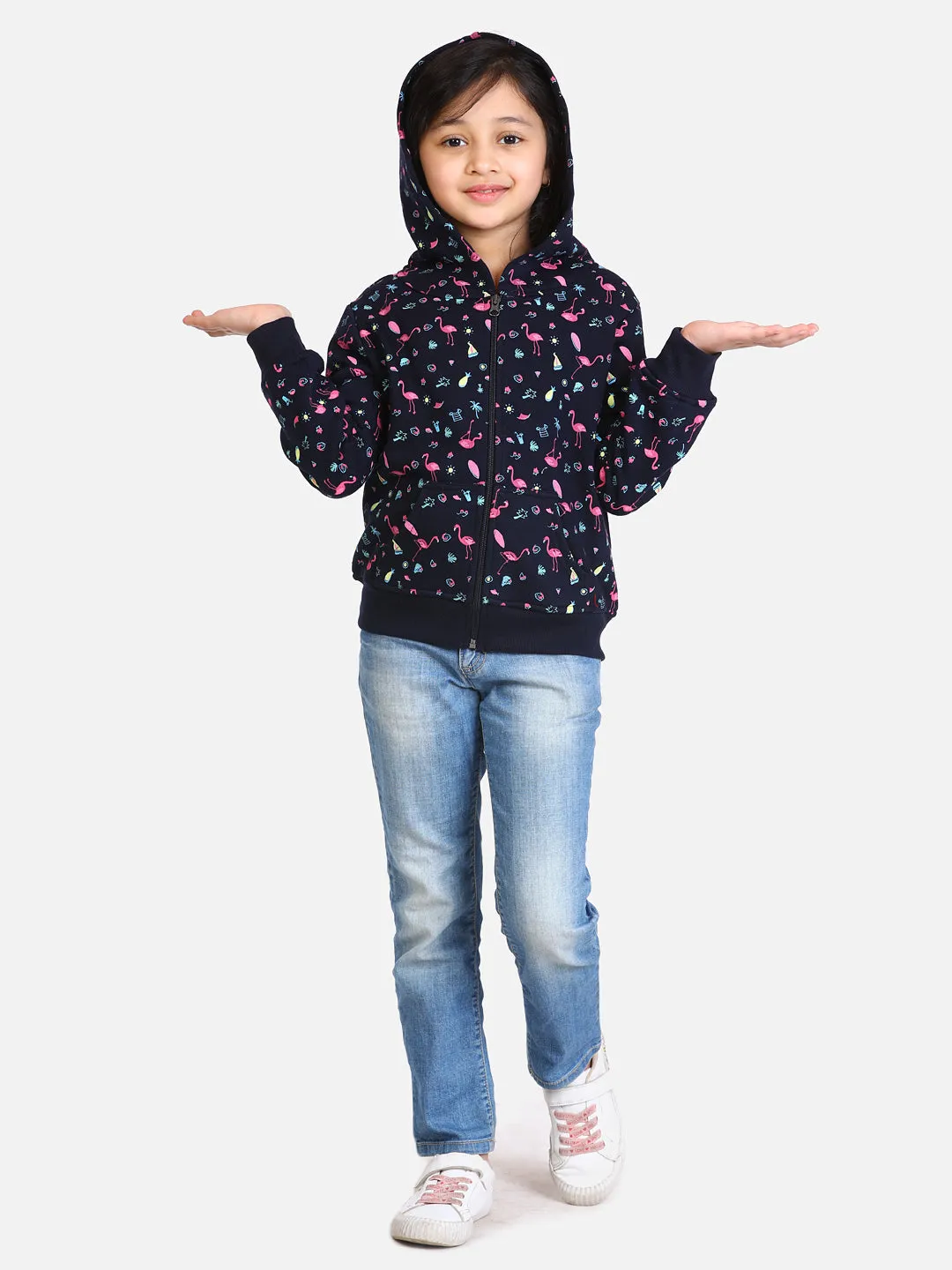 Girl's  Navy Flamingo Printed Jacket With Hoodie - StyleStone Kid