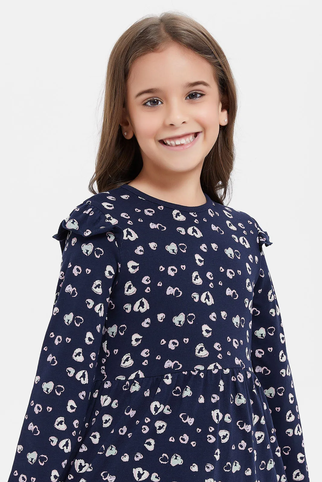 Girls Navy Printed Dress