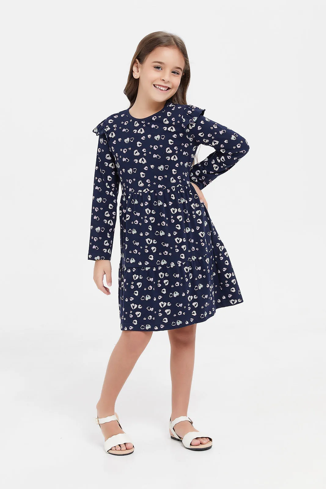 Girls Navy Printed Dress