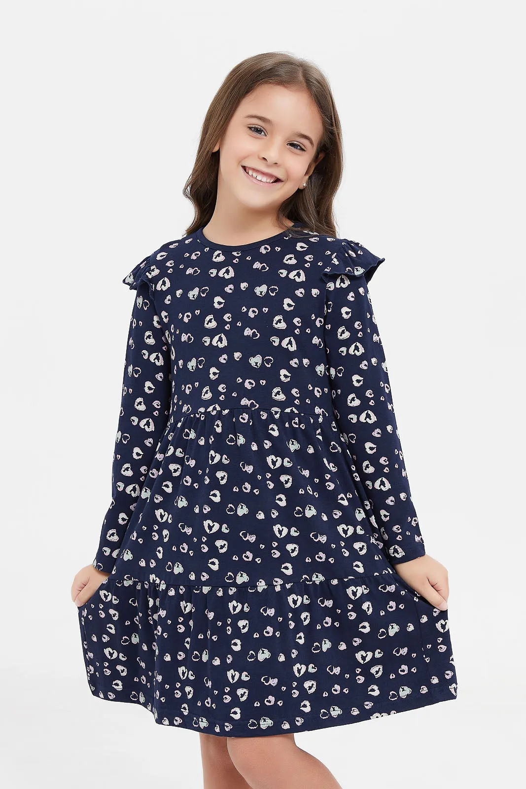 Girls Navy Printed Dress