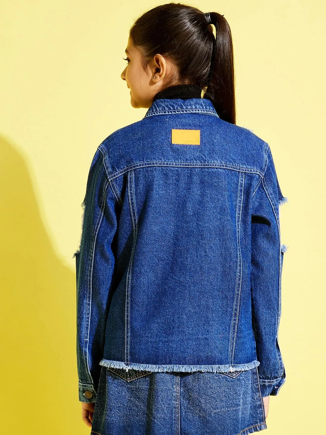 Girls Navy Raw Hem Distressed Denim Jacket - Lyush Kids