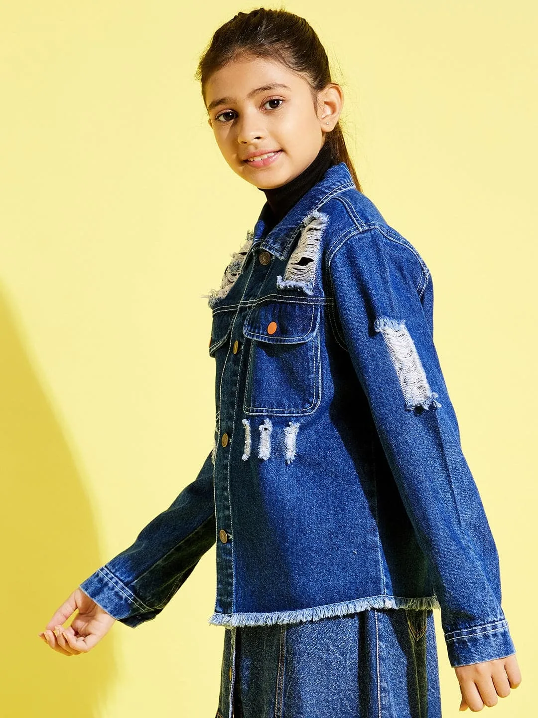 Girls Navy Raw Hem Distressed Denim Jacket - Lyush Kids