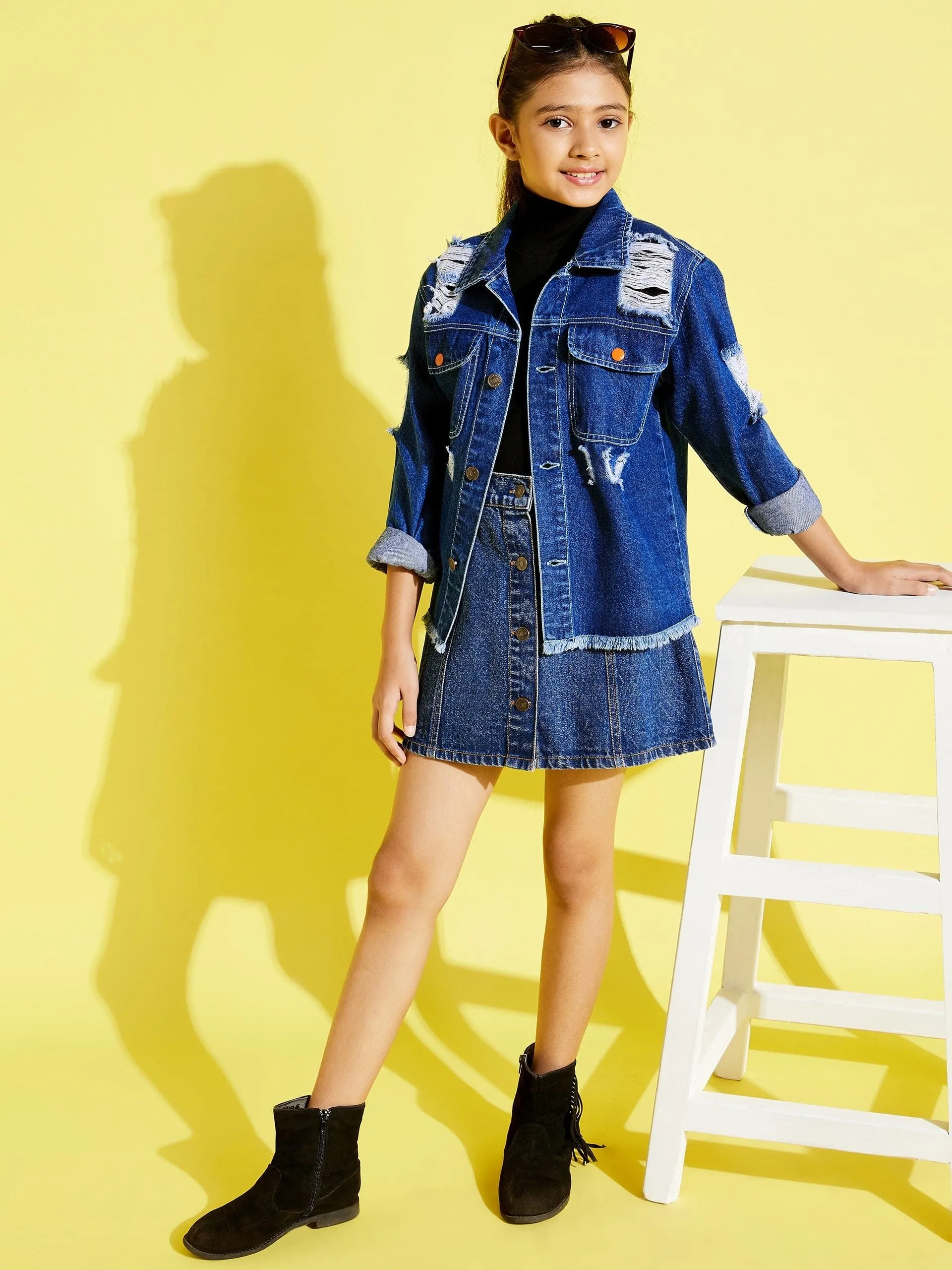 Girls Navy Raw Hem Distressed Denim Jacket - Lyush Kids