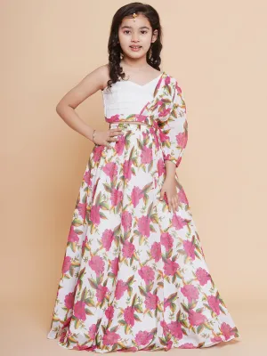 Girls Off White Printed Georgette Lehenga With Choli. - Bitiya By Bhama