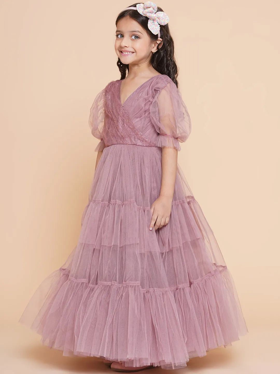 Girl's Onion Pink Net Embellished Fit & Flared Maxi Dress. - Bitiya By Bhama