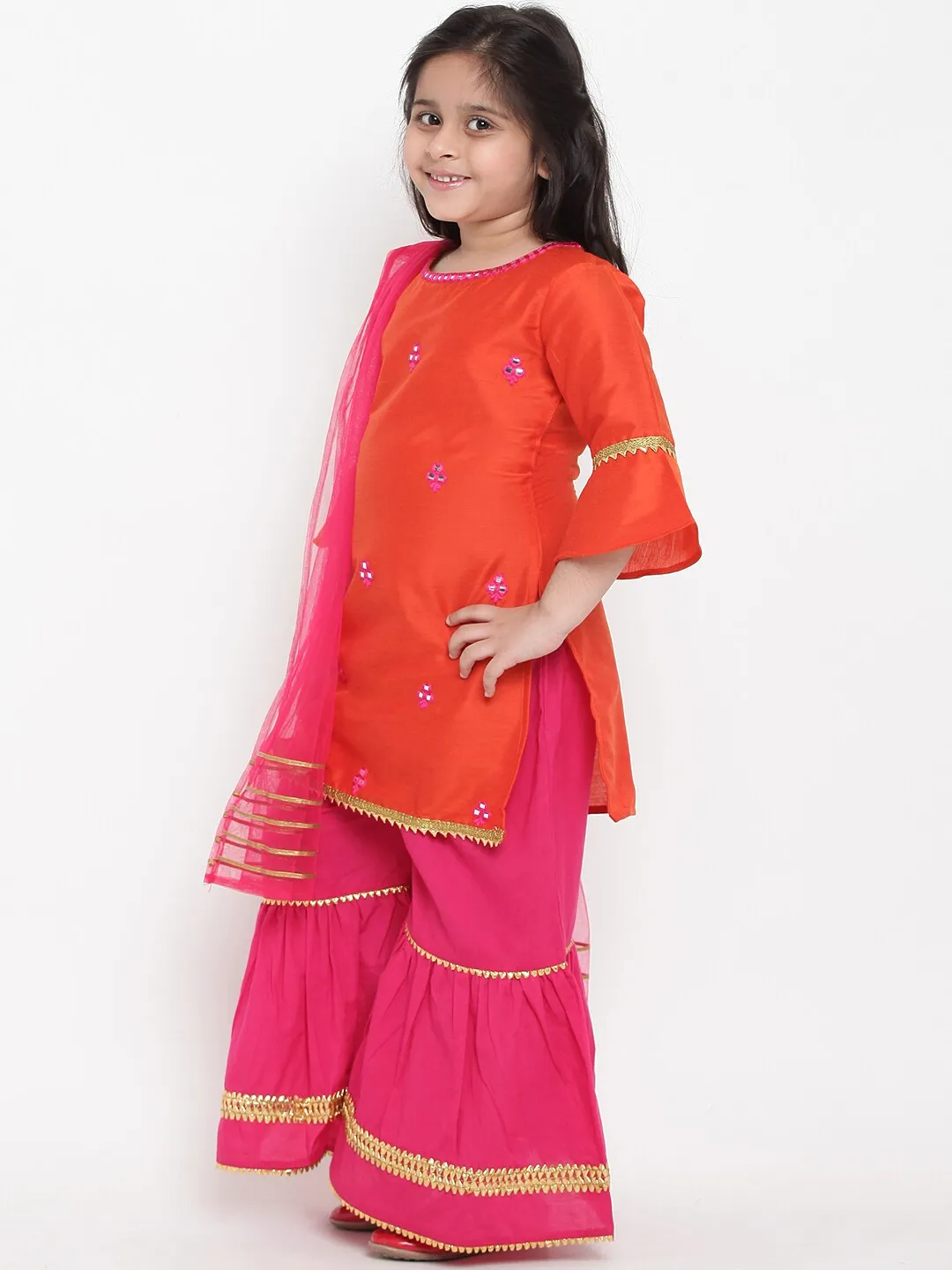 Girl's Orange & Pink Embroidered Kurta With Palazzos & Dupatta - Bitiya By Bhama