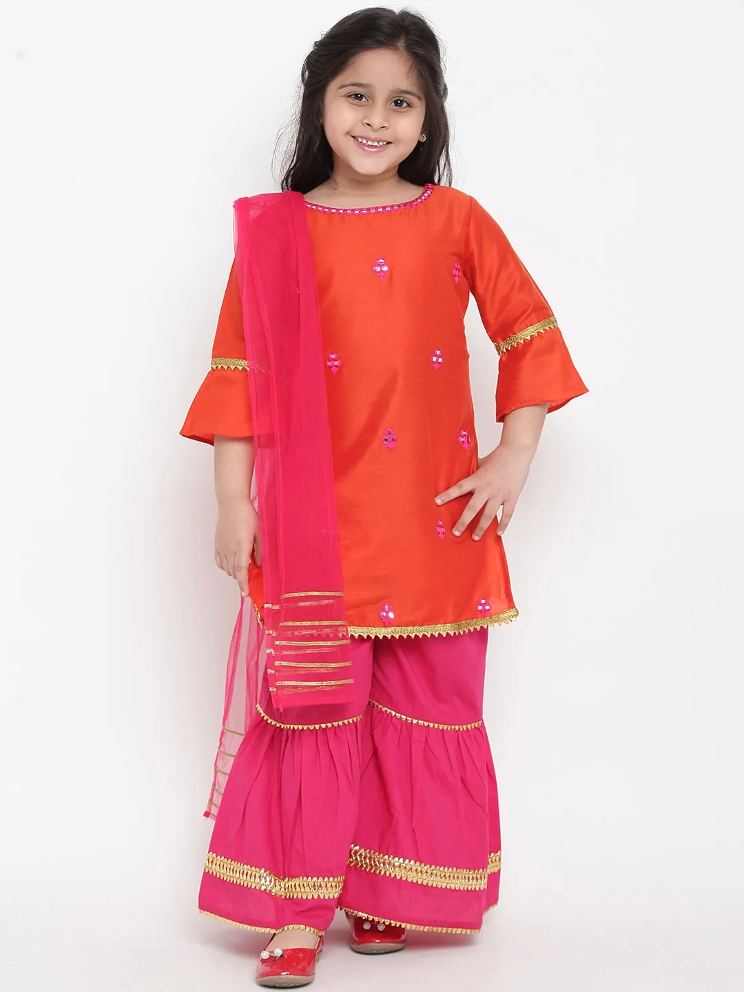 Girl's Orange & Pink Embroidered Kurta With Palazzos & Dupatta - Bitiya By Bhama