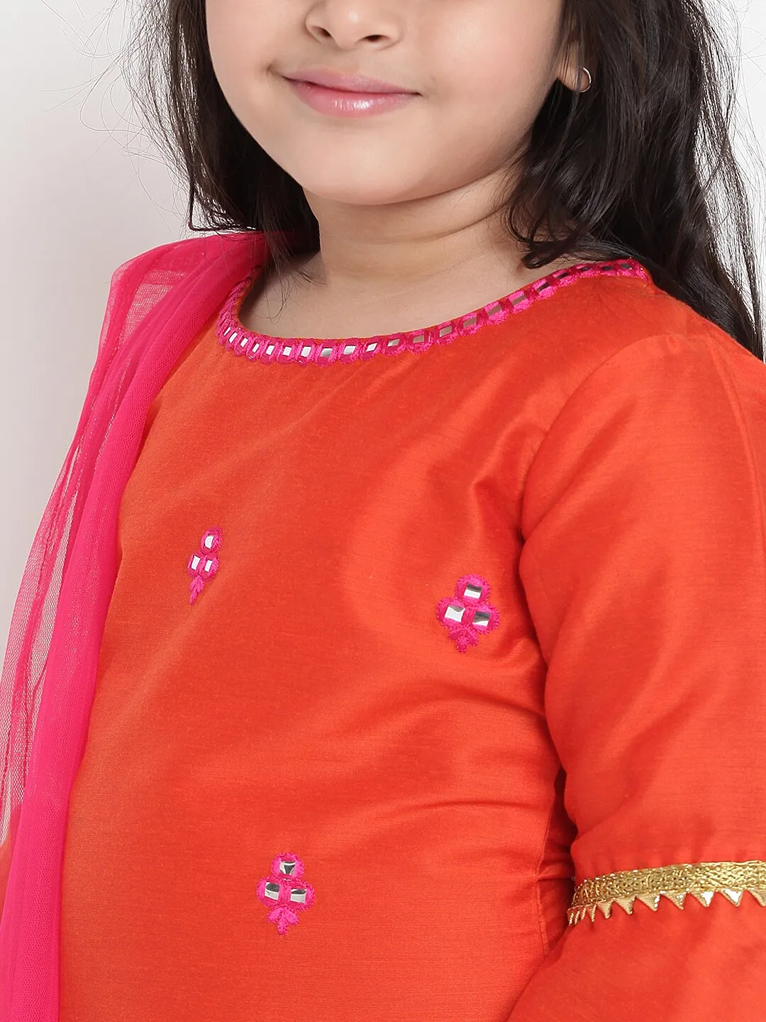 Girl's Orange & Pink Embroidered Kurta With Palazzos & Dupatta - Bitiya By Bhama