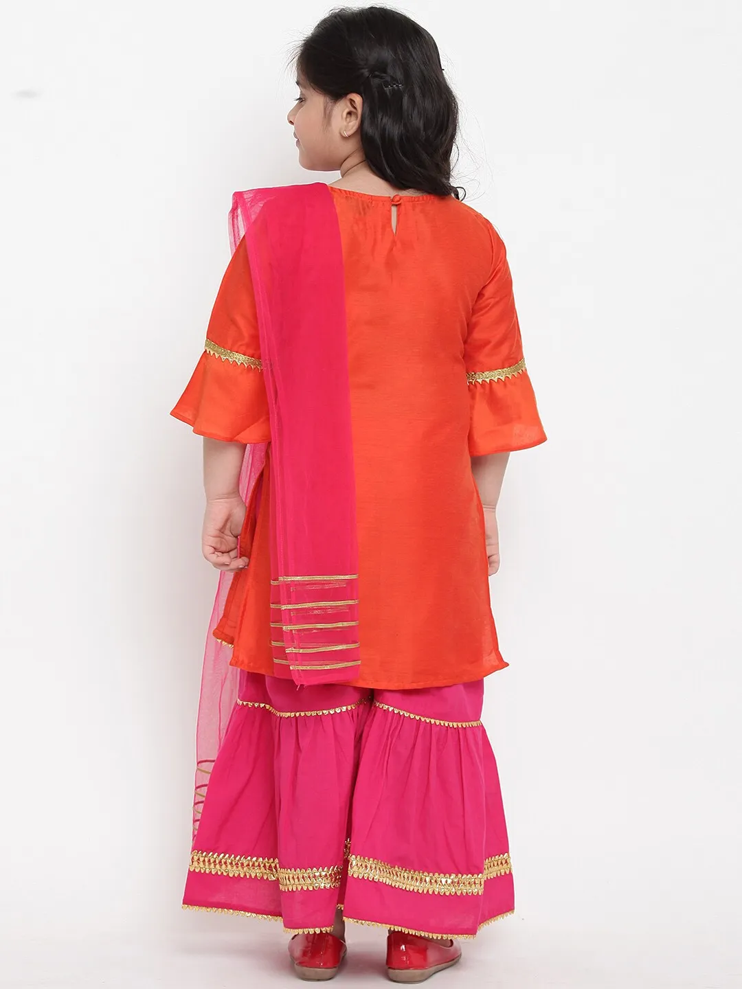 Girl's Orange & Pink Embroidered Kurta With Palazzos & Dupatta - Bitiya By Bhama