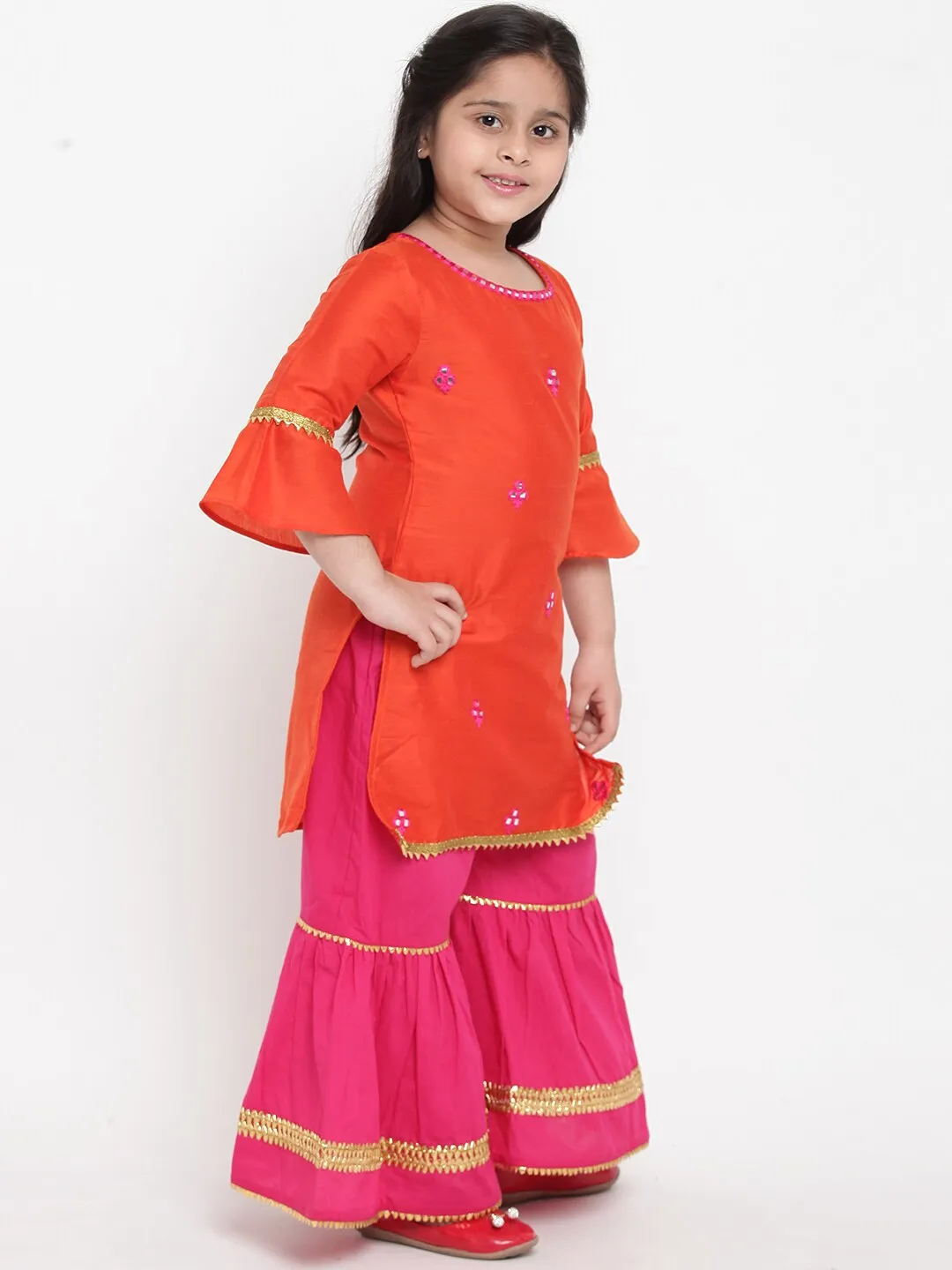 Girl's Orange & Pink Embroidered Kurta With Palazzos & Dupatta - Bitiya By Bhama