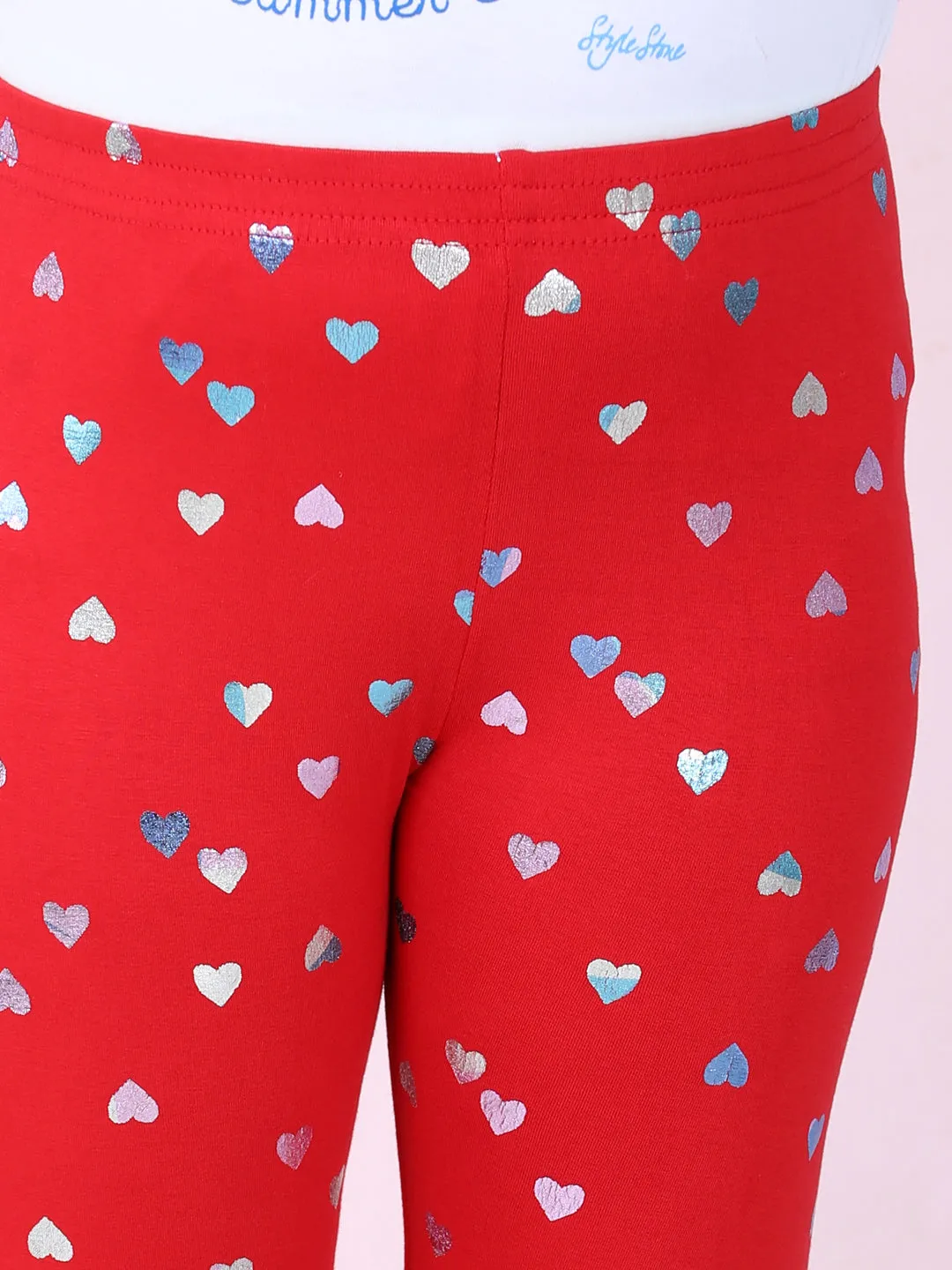 Girl's Pack Of 2 Heart Foil Print Leggings- Red & Black - Stylestone Kid