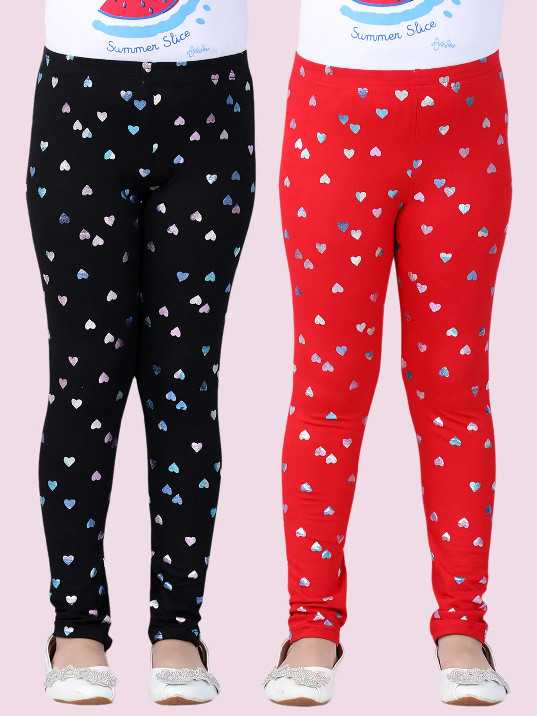 Girl's Pack Of 2 Heart Foil Print Leggings- Red & Black - Stylestone Kid