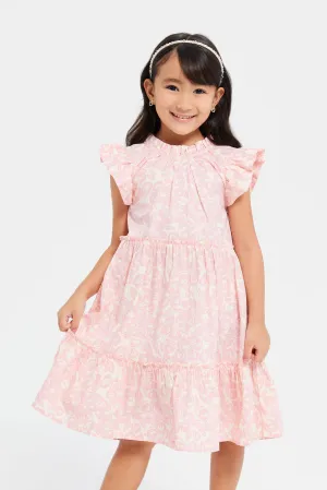 Girls Peach Floral Printed Tiered Dress