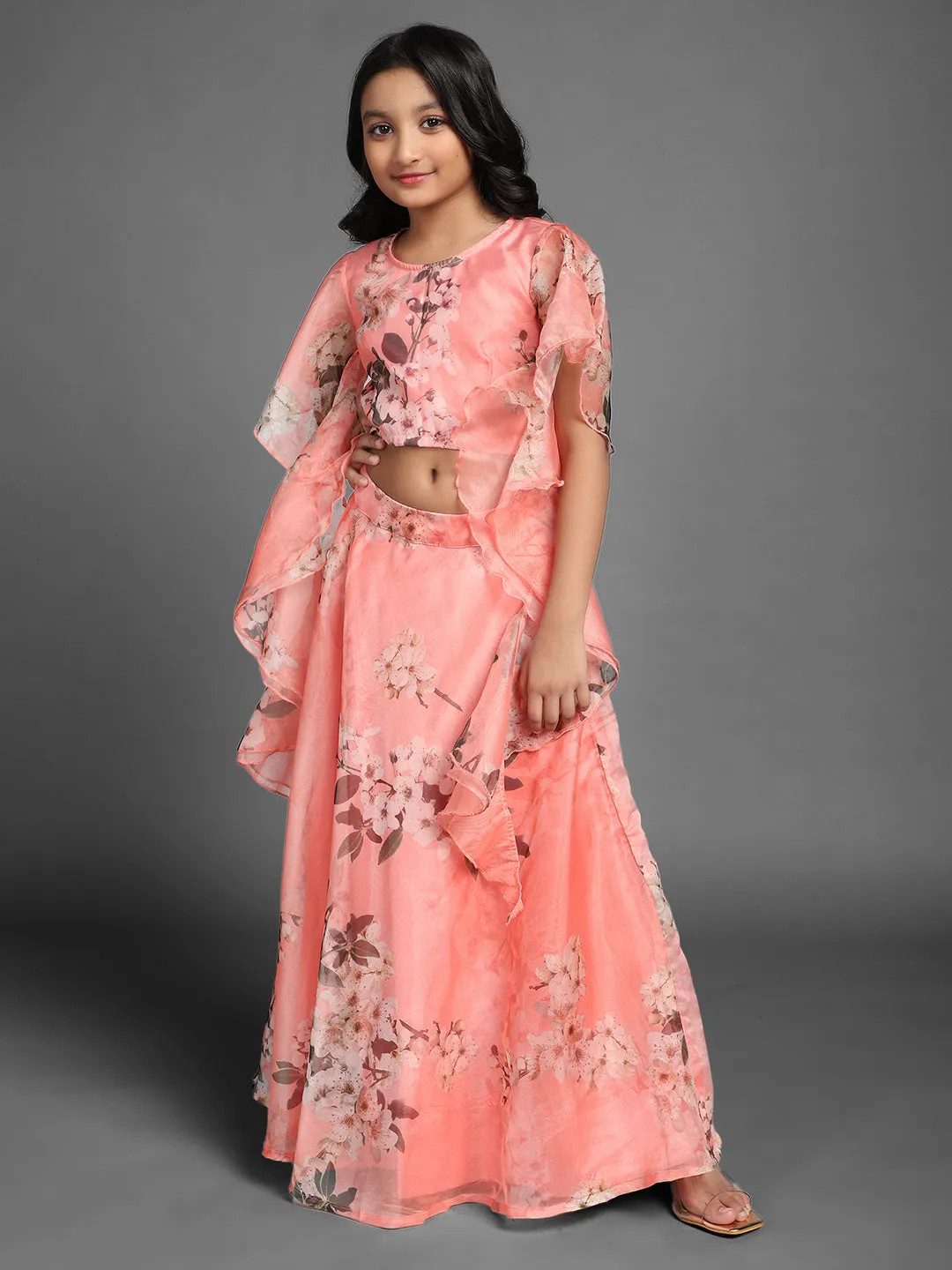 Girl's Peach Organza Floral Printed Lehenga Choli Set - Aks Girls