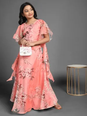 Girl's Peach Organza Floral Printed Lehenga Choli Set - Aks Girls