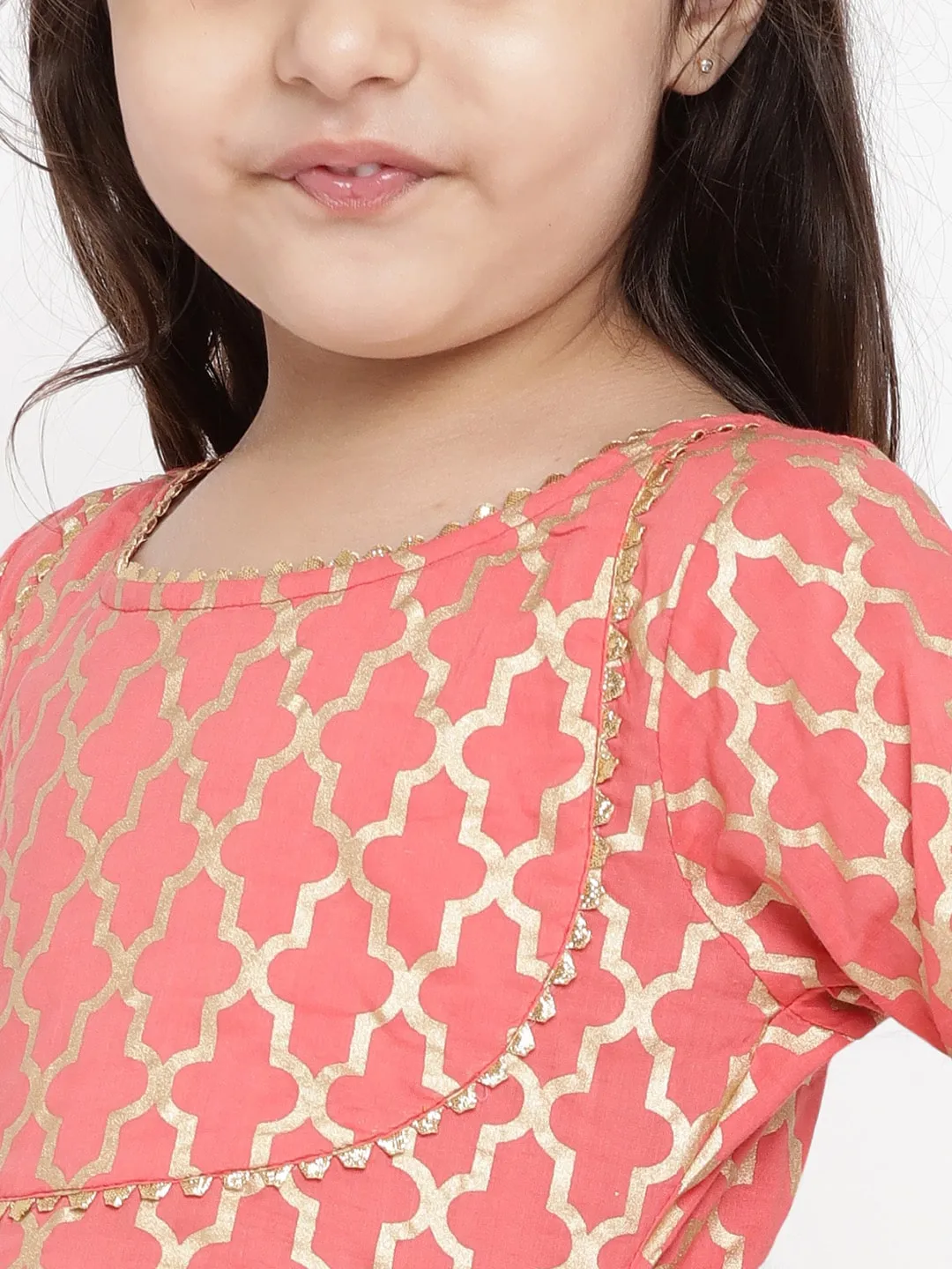 Girl's Peach  Printed Angrakha Pure Cotton Kurta With Palazzos - Bitiya By Bhama