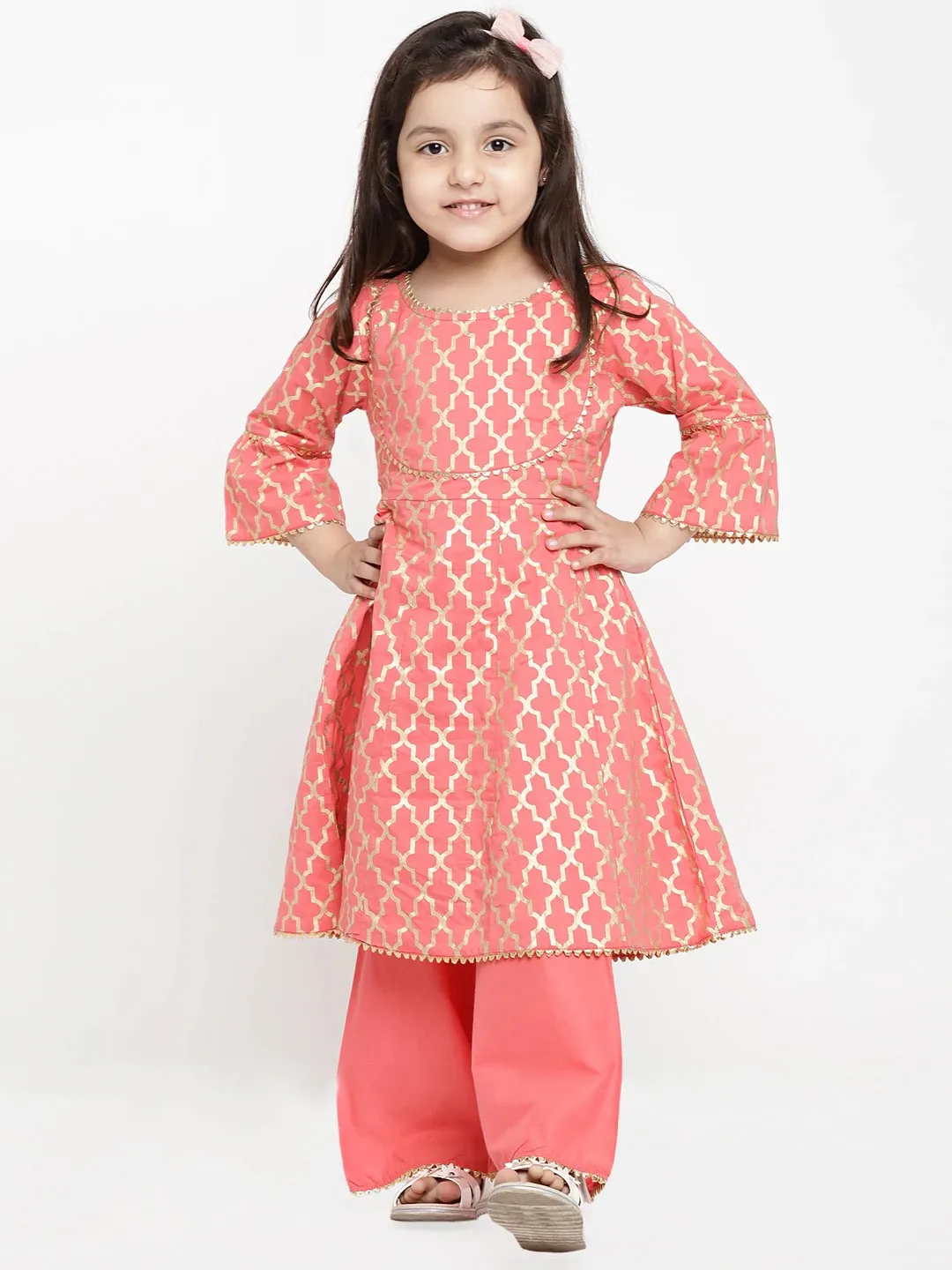 Girl's Peach  Printed Angrakha Pure Cotton Kurta With Palazzos - Bitiya By Bhama