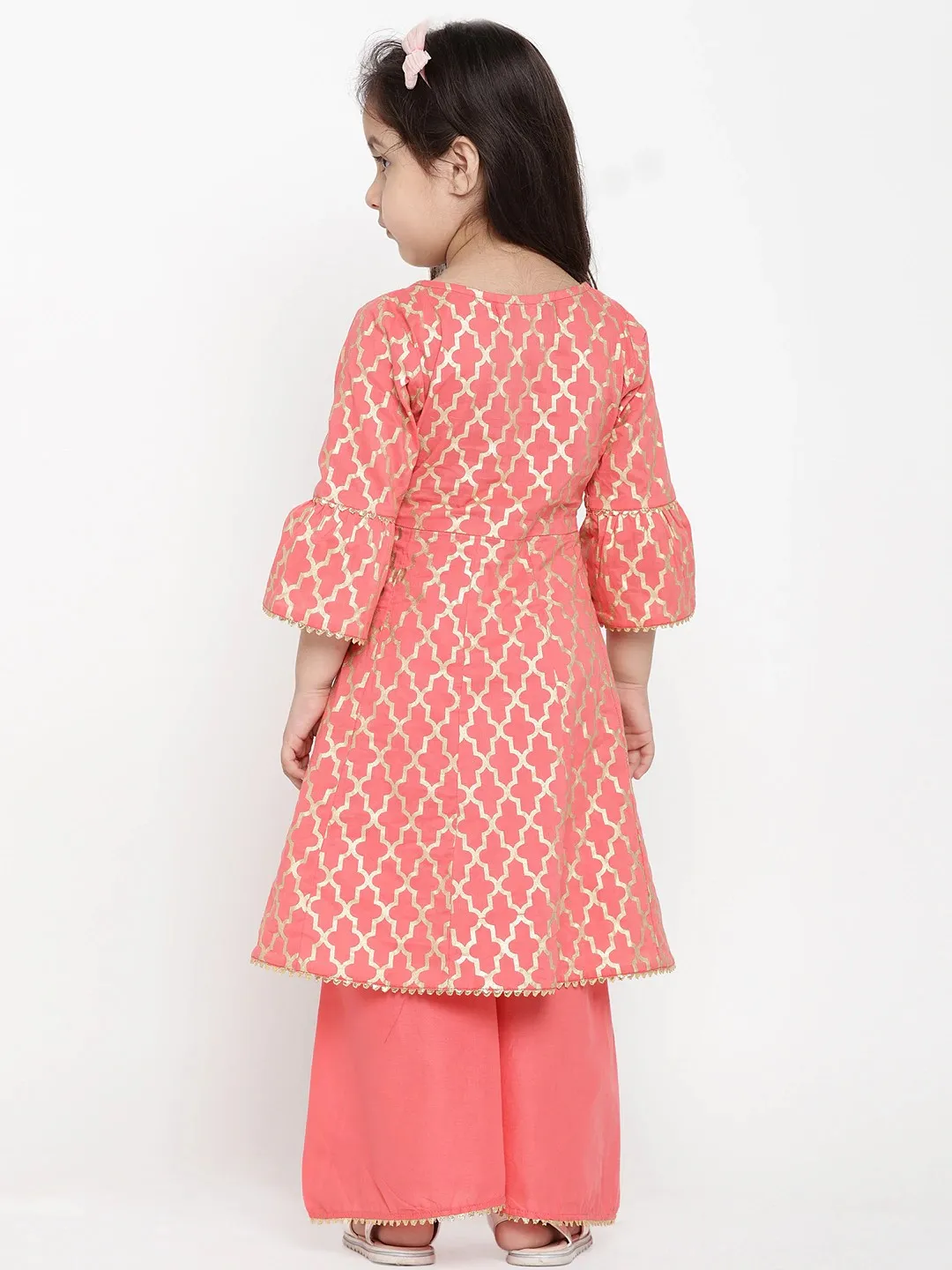 Girl's Peach  Printed Angrakha Pure Cotton Kurta With Palazzos - Bitiya By Bhama