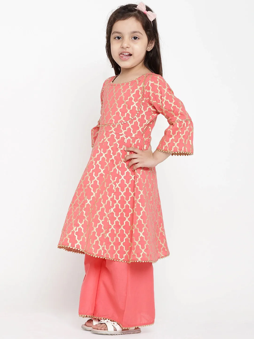 Girl's Peach  Printed Angrakha Pure Cotton Kurta With Palazzos - Bitiya By Bhama