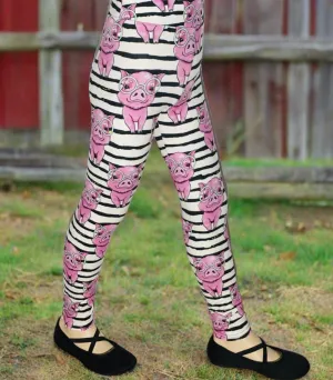 Girls Pig Leggings, Kids Yoga Pants, Sizes S/L, Yoga Waist, Pink/White/Black, Exclusive Leggings