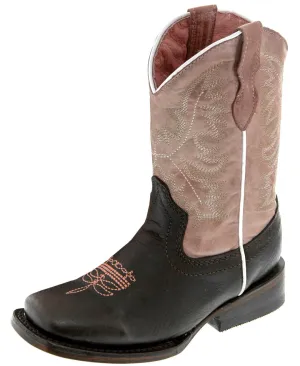 Girls Pink & Dark Brown Stitched Leather Cowgirl Boots - Square Toe