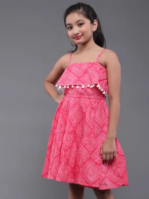 Girl's Pink & White Bandhani Printed Dress With Pom-Pom Lace - Aks Girls