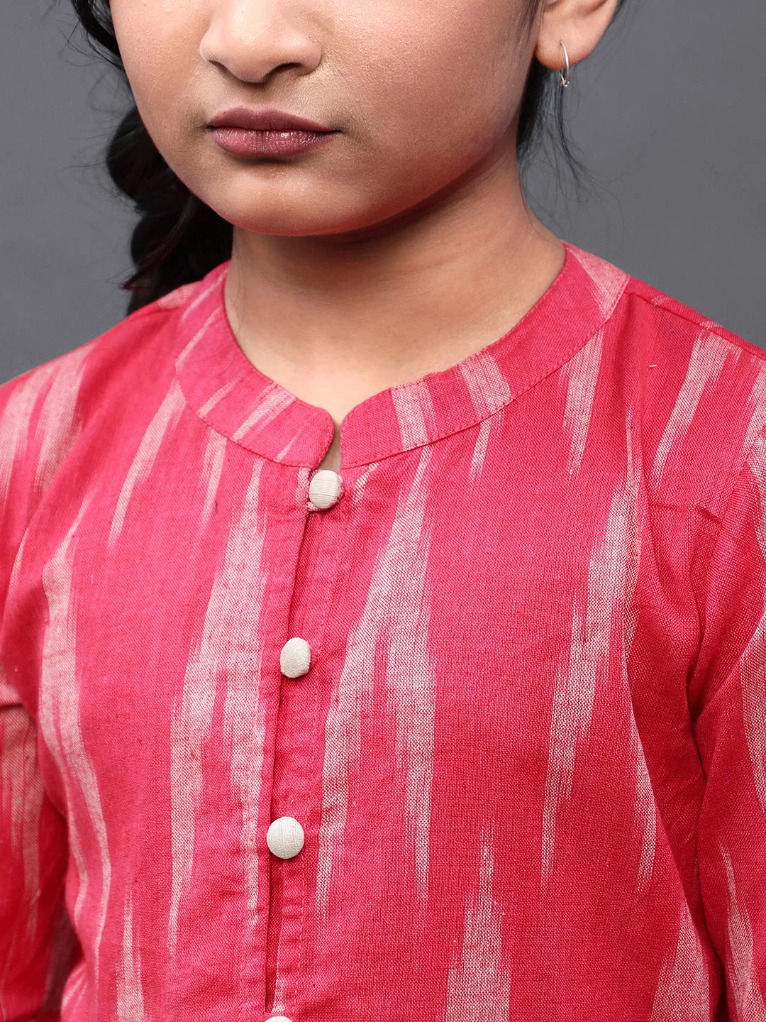 Girl's Pink & White Ikat Woven Design Short Dress - Aks Girls