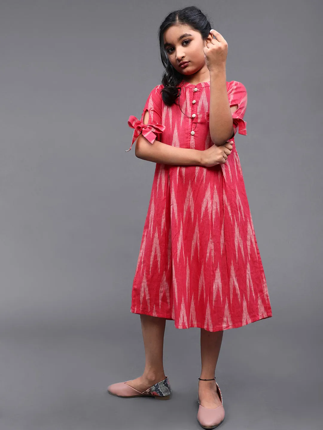 Girl's Pink & White Ikat Woven Design Short Dress - Aks Girls