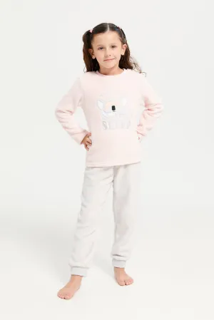 Girls Pink And Grey Embroidered Pyjama Set (2 Piece)