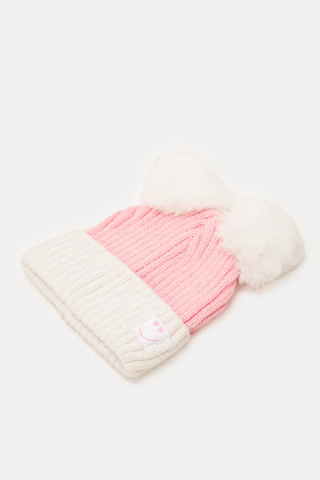 Girls Pink And Grey Knitted Cap (Pack of 2)