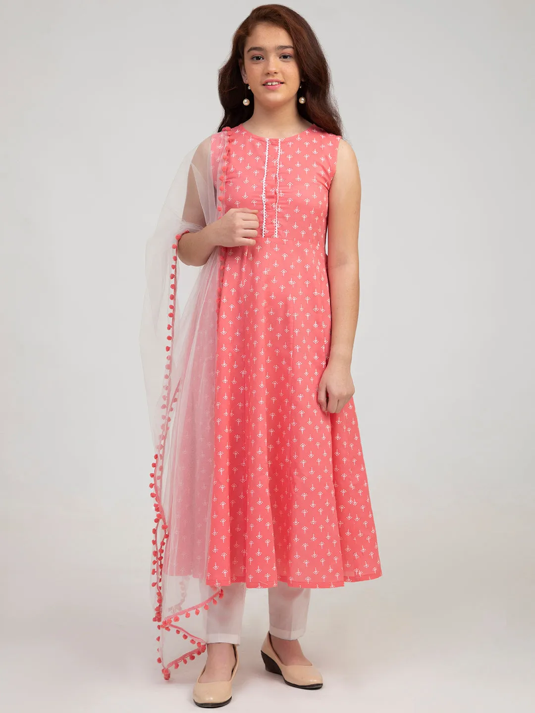 Girl's Pink And White Kurta And Trouser With Dupatta - Bitiya By Bhama