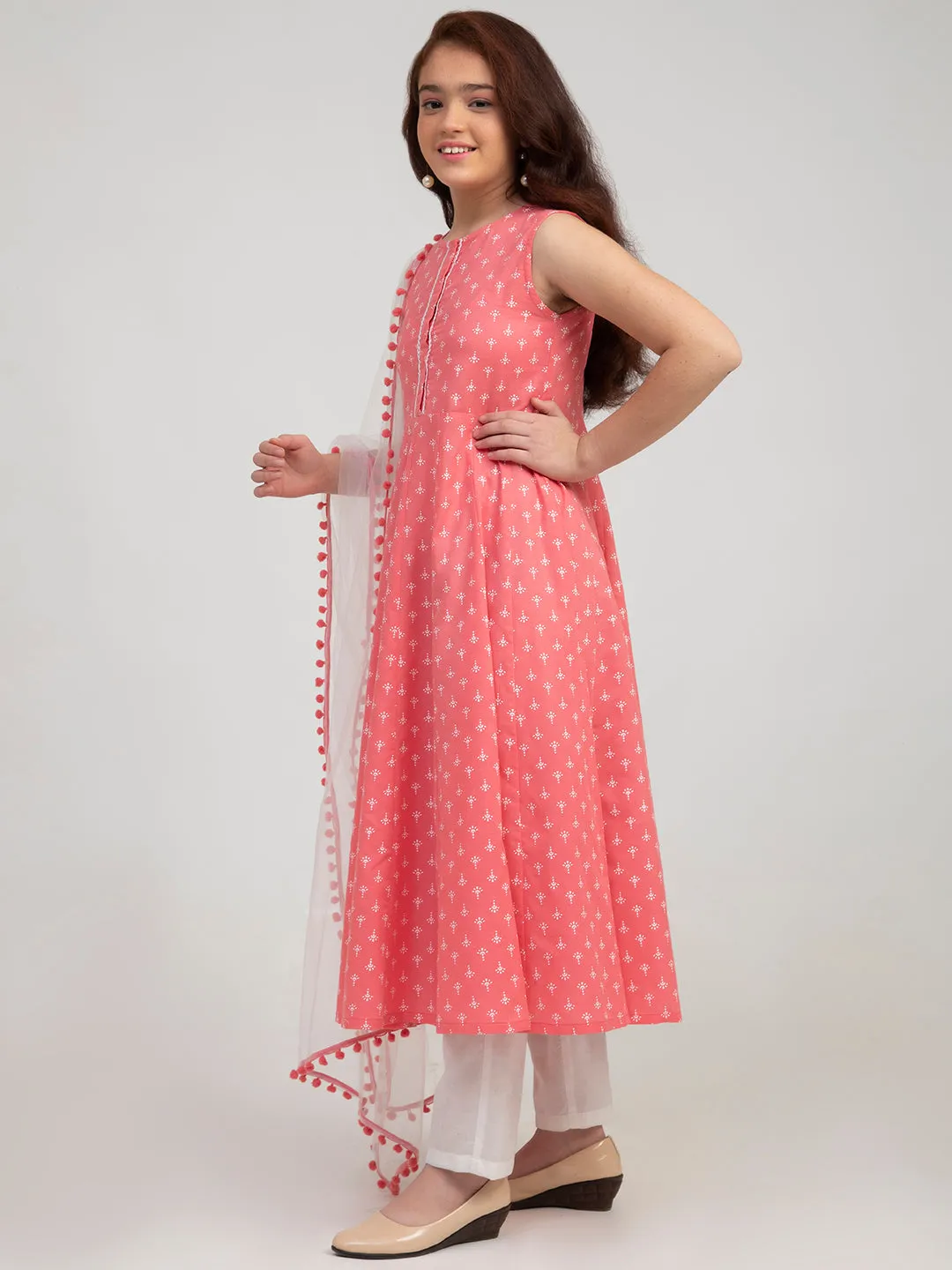 Girl's Pink And White Kurta And Trouser With Dupatta - Bitiya By Bhama