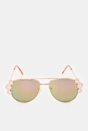 Girls pink Aviator Floral Embellishment Sunglasses