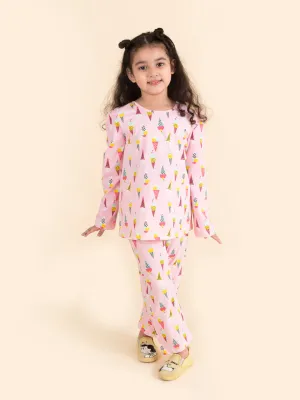 Girls Pink Blue Ice Cream Print Pure Cotton Night Suit - Ps Peaches