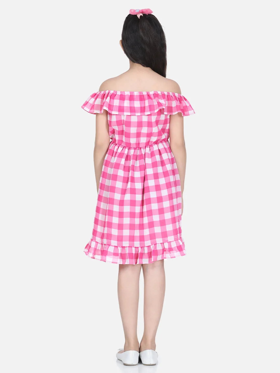 Girl's Pink Check Polyester Off Shoulder Dress - StyleStone Kid