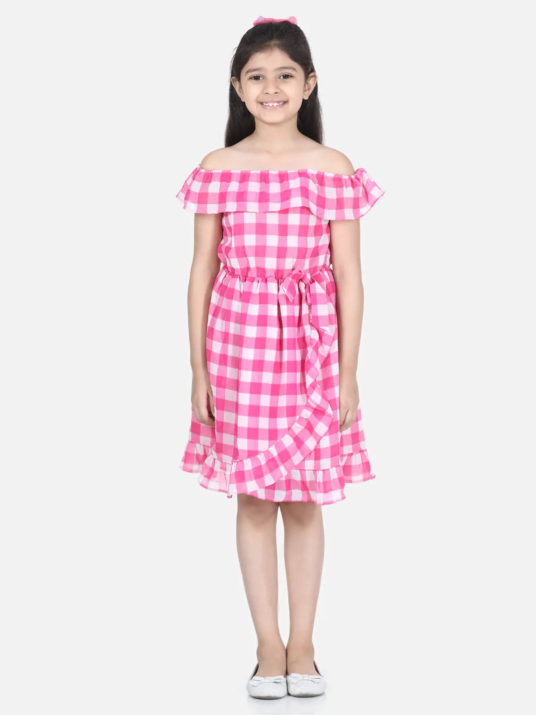 Girl's Pink Check Polyester Off Shoulder Dress - StyleStone Kid