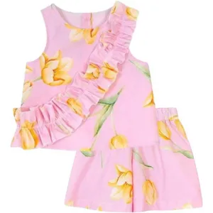 Girls Pink Cotton Floral Shorts Set