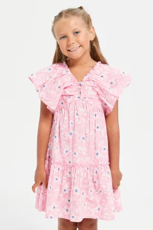 Girls Pink Floral Printed Flutter Sleeves Dress