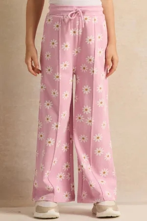 Girls Pink Floral Printed Track Pants