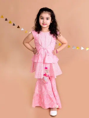 Girls Pink Floral Striped Empire Pure Cotton Kurti With Sharara - Ps Peaches