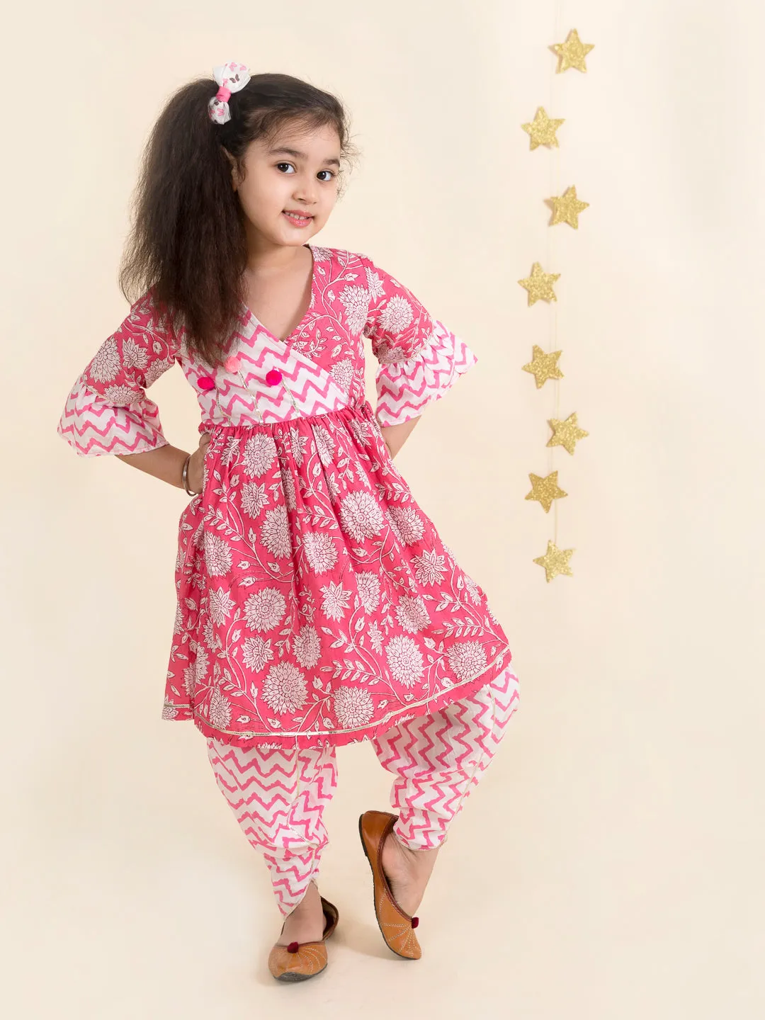 Girls Pink Floral Striped Pure Cotton Kurti With Patiala - Ps Peaches