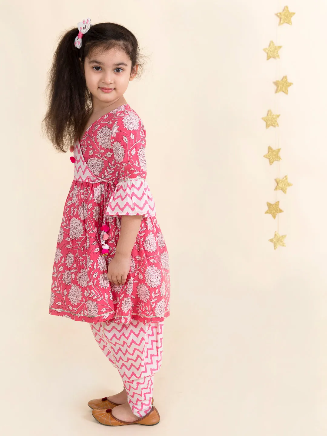 Girls Pink Floral Striped Pure Cotton Kurti With Patiala - Ps Peaches